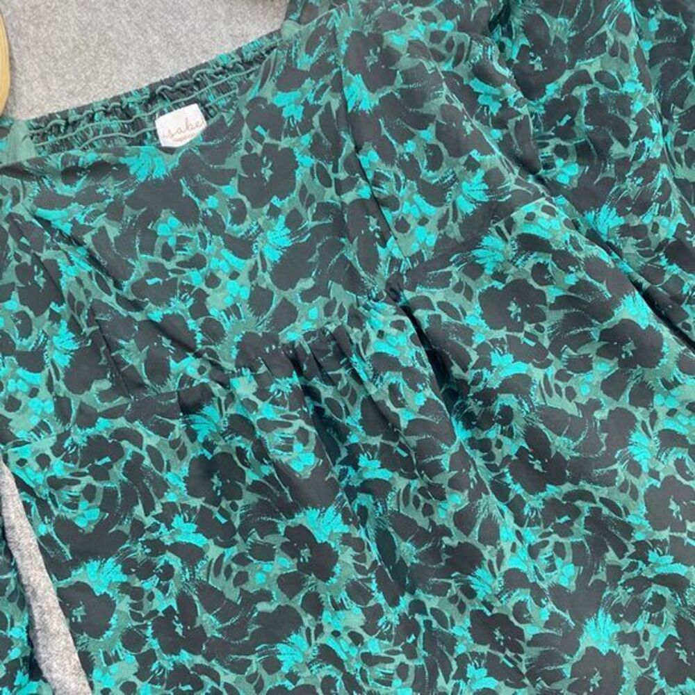 Isabel Maternity S Black & Green Long Balloon Sleeve Sweetheart Neck Blouse